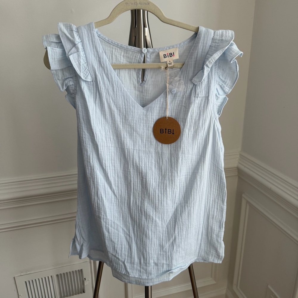 BiBi Pastel Blue Ruffle-Sleeve V-Neck 100% Gauze Cotton Beach Top Small